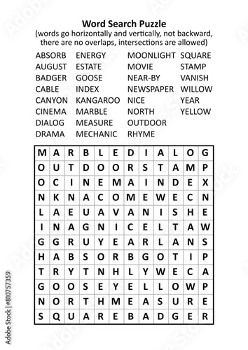 Word search puzzle (general knowledge, family friendly, words ABSORB - YELLOW). Answer included.
