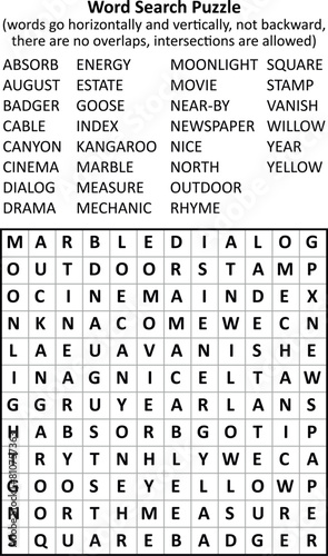 Word search puzzle (general knowledge, family friendly, words ABSORB - YELLOW). Answer included.
