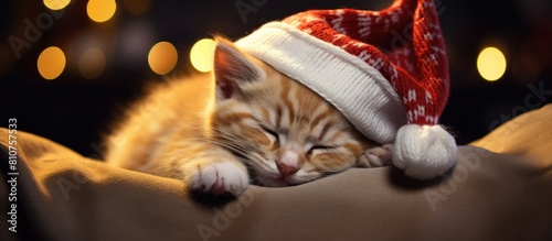 A cute kitten peacefully dozes off on a comfy couch with a festive Christmas hat nearby and twinkling lights in the background 156 characters. Creative banner. Copyspace image