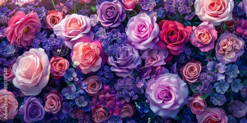 Floral Wallpaper with Multicolored Flowers. Vibrant Summer Background with Lilac Roses.
