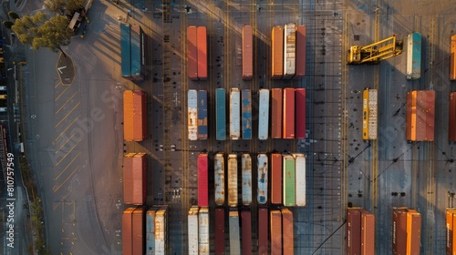 Aerial View of a Busy Container Logistic Center with Trucks and Cranes