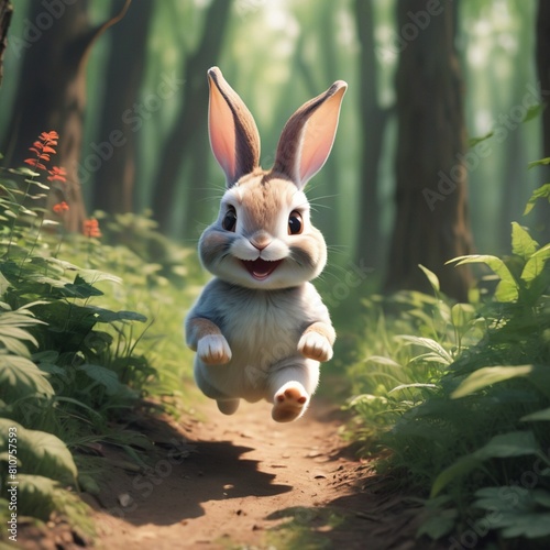 in a beautiful forestthere is acute little rabbit running happil 