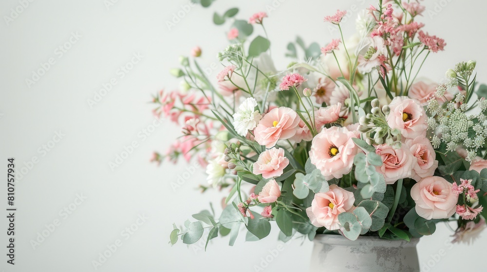 Naklejka premium A beautiful floral arrangement in a gray vase. consisting of beautiful pink flowers, soft Eucalyptus leaves, and lush green foliage on a white background. front view.