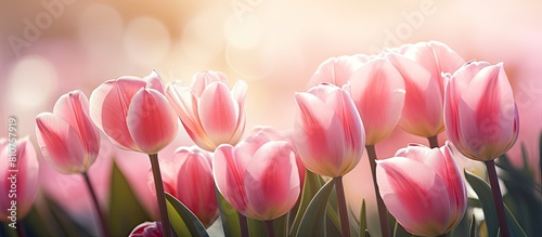 A close up image of pink tulips in a sunny garden with space for text. Creative banner. Copyspace image #810757919