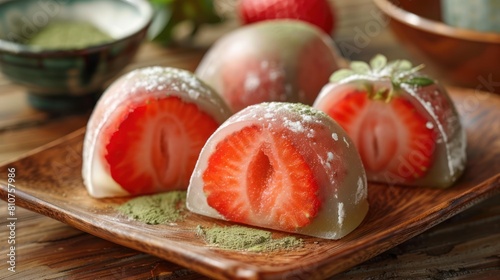 Close up shoot of 3 slices of strawberry and matcha japanese daifuku mochi on a wooden plate for dessert photo