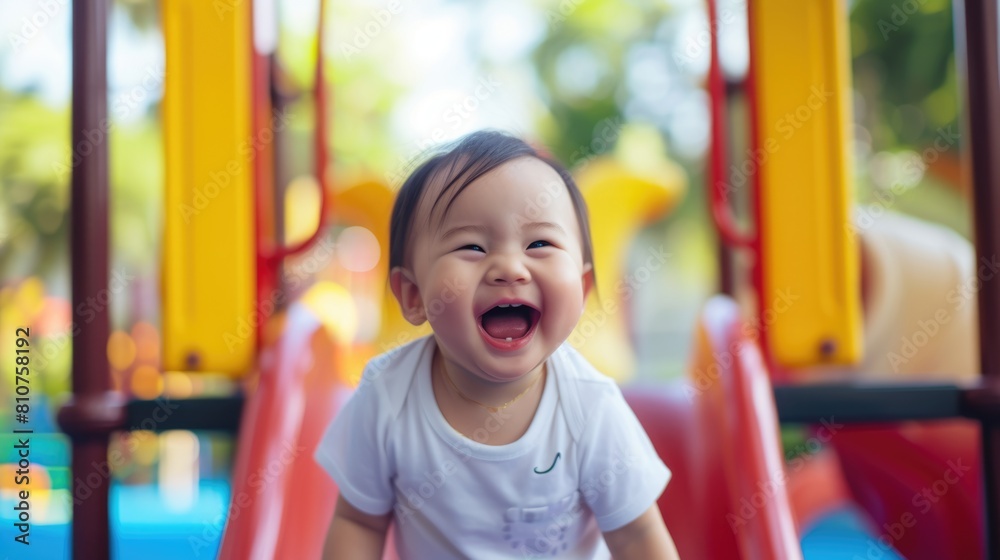 Happy Child Riding a Playground Slide Fictional Character Created By Generative AI. Happy Child Riding a Playground Slide Fictional Character Created By Generative AI.