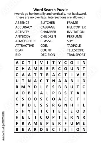 Word search puzzle (general knowledge, family friendly, words ABSENCE - TRANSPORT). Answer included.
