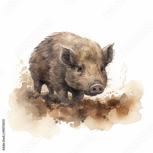 potbellied pig rooting around in a muddy yard photo