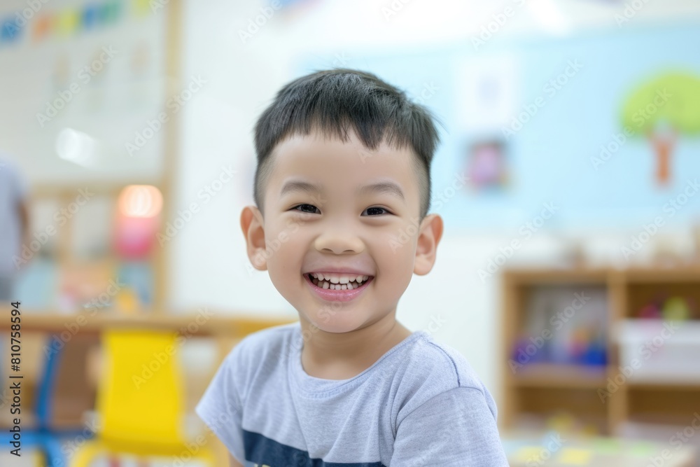 Smiling Asian Boy in a Classroom Fictional Character Created By Generative AI. Smiling Asian Boy in a Classroom Fictional Character Created By Generative AI.