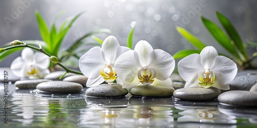 Spa concept with white orchids  zen stones and water drops. AI generated