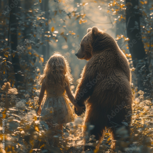 A girl and a bear walk together in the forest.