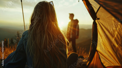 Young couple man and woman in a tent on vacation against sunset background. Vacation in nature. Camping holidays photo