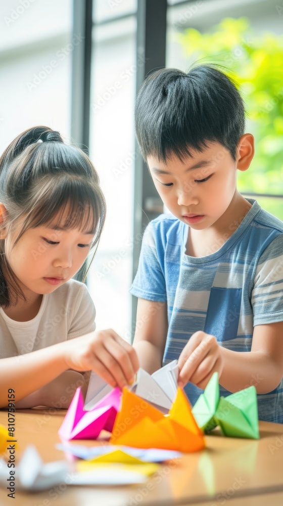 Creating a Paper Chain - Two Children Working Together Fictional Character Created By Generative AI. Creating a Paper Chain - Two Children Working Together Fictional Character Created By Generative AI.