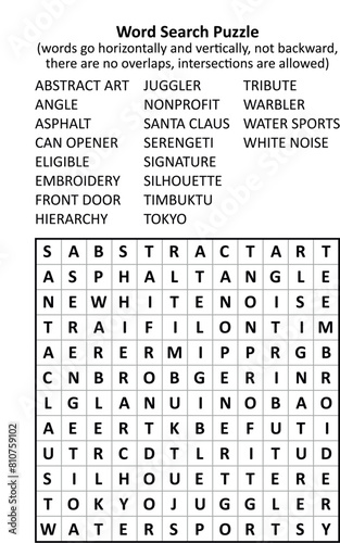 Word search puzzle (general knowledge, family friendly, words ABSTRACT ART - WHITE NOISE). Answer included. 