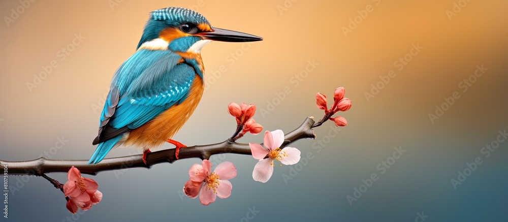 Male Common kingfisher perched on a branch displaying its vibrant colors and adorable features The image captures the beauty of this lovely bird against a plain background. Creative banner