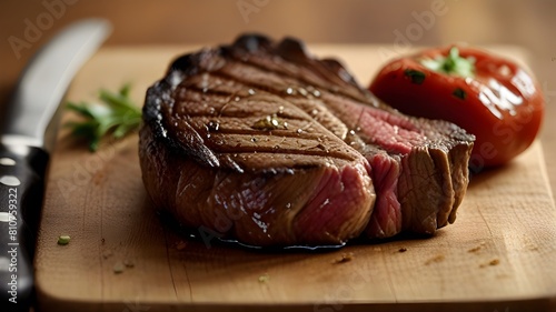 : A perfectly grilled steak resting on a wooden cutting board, juices glistening photo