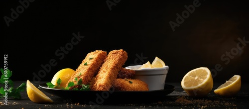 A close up view of fresh fish fingers coated in breadcrumbs served with sauce and a slice of lemon on a grey table providing ample copy space for the image photo