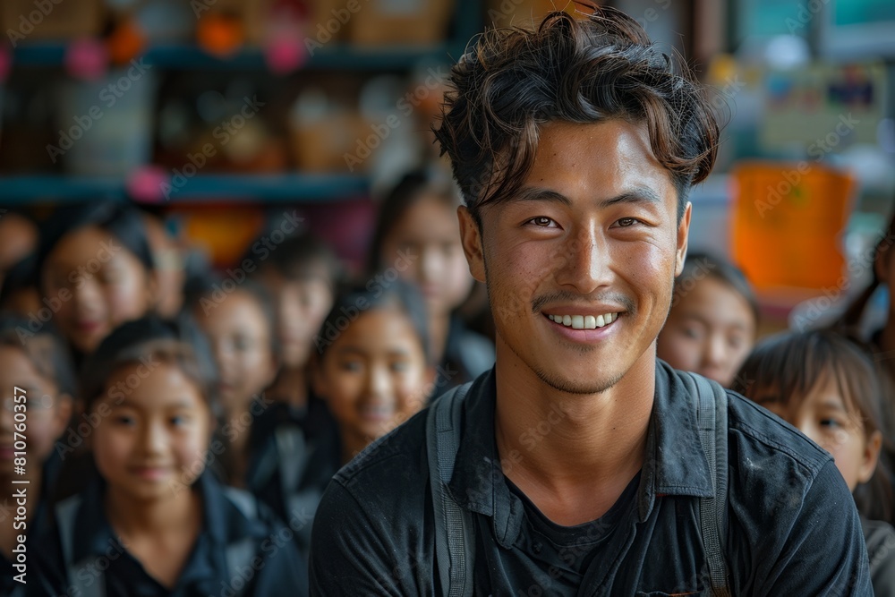 A cheerful teacher and happy kids in a classroom, learning together with smiles and joy