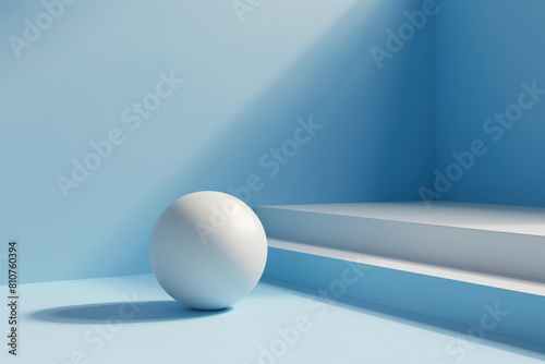 A white ball is placed on top of a minimalist blue floor photo
