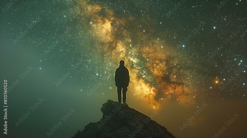 Fototapeta premium man standing on top of a mountain watching the milky over him
