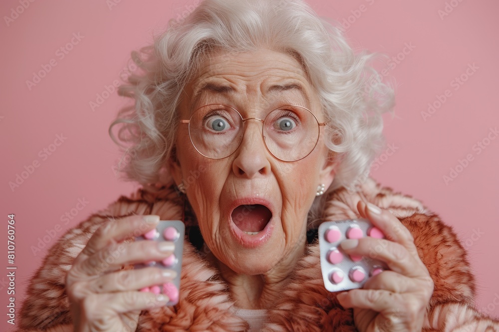 A mature woman stands holding a pills, her expression reflecting the importance of medication and health care A mature woman stands holding a pills, her expression reflecting the importance of medication and health care