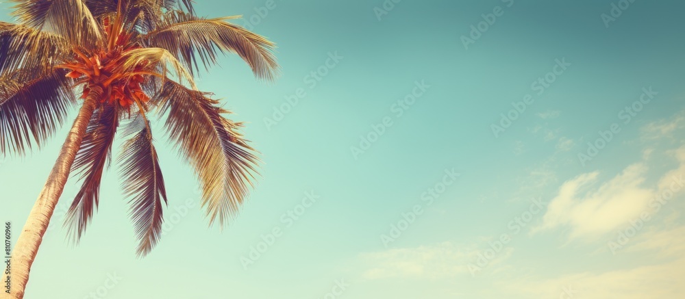 A tropical palm tree against a sunny sky background with space for adding a personal touch Perfect for conveying ideas of summer vacations and exploring nature The vintage tone filter adds a nostalgi