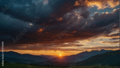 Beautiful sunset in the mountains. Dramatic sky. Beauty world