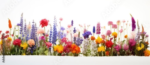 A variety of colorful summer flowers in a garden captured on a white background with ample copy space above for additional content