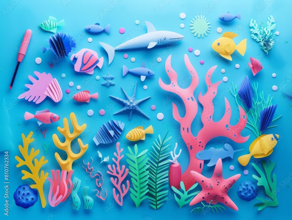 Fototapeta premium Drawing underwater scenes flat design top view marine life theme vivid