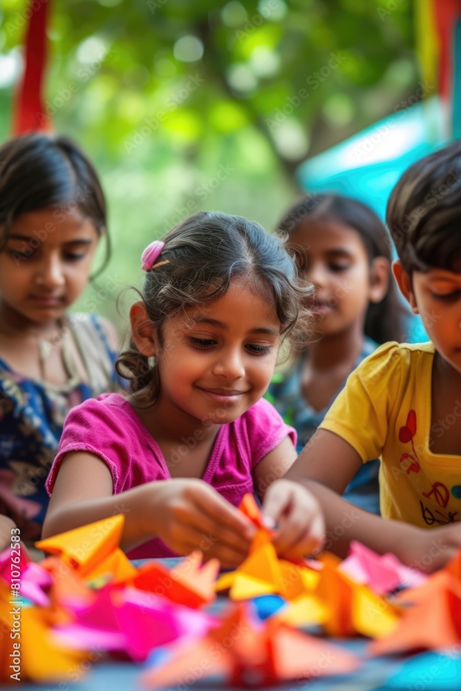 Children gather to create colorful paper kites Fictional Character Created By Generative AI. Children gather to create colorful paper kites Fictional Character Created By Generative AI.