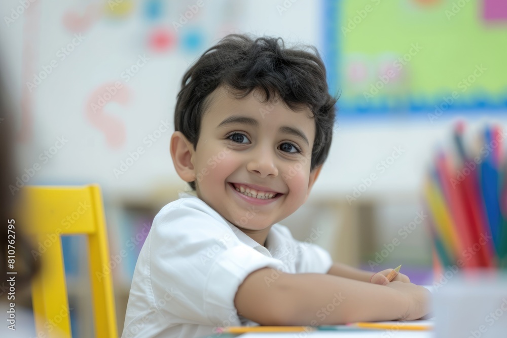 Smiling young boy sitting at a desk in a classroom Fictional Character Created By Generative AI. Smiling young boy sitting at a desk in a classroom Fictional Character Created By Generative AI.