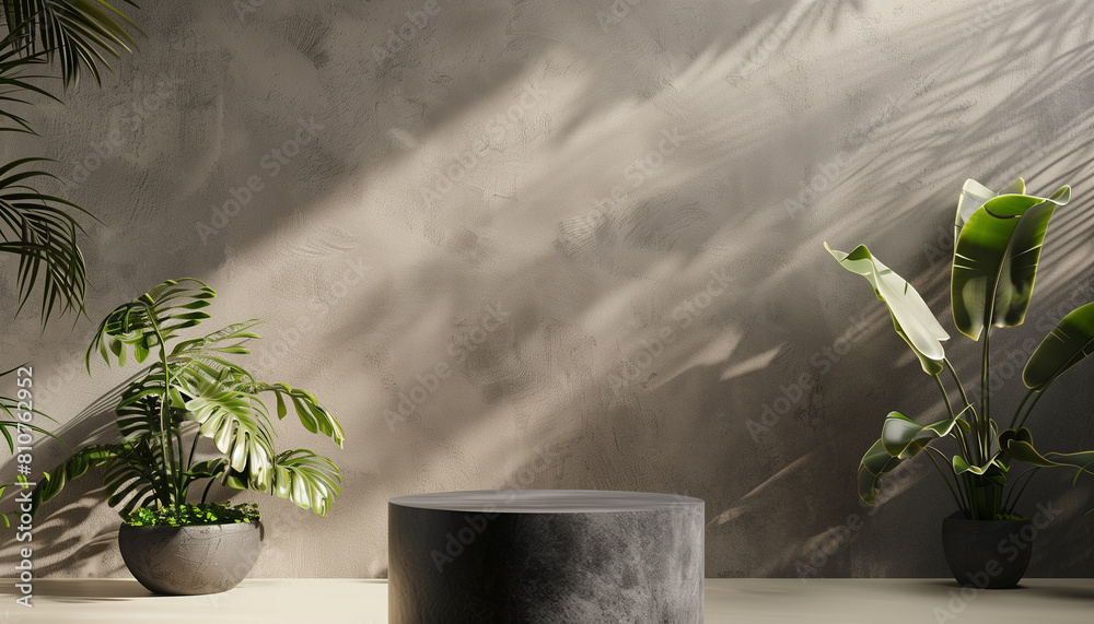 Dark grey cylindric podium for product placement, beige background with plants and sunlight