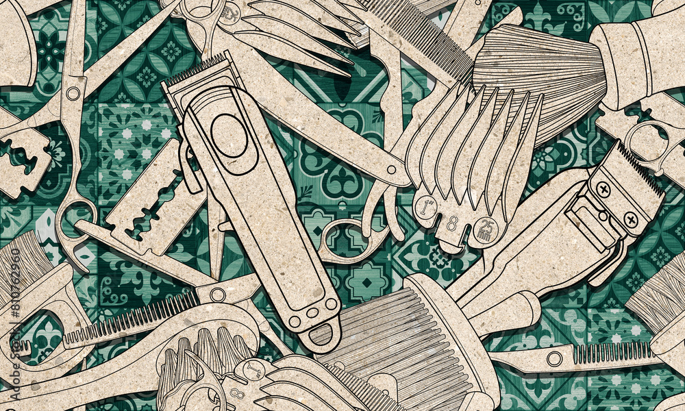 Obraz premium Seamless barber tools pattern illustration wood textured background and wallpaper design. 