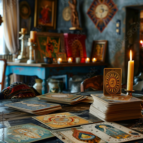 vintage vintage style deck of tarot cards. magical predictions of the future, mysterious characters. AI generated 