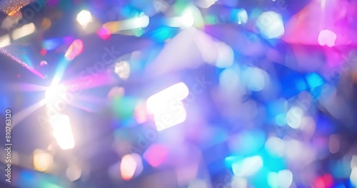 Abstract, wallpaper and diamond light or holographic prism for rainbow glow, sparkle or crystal. Background, reflect and iridescent pattern with gem bokeh or triangle jewel, geometric or kaleidoscope