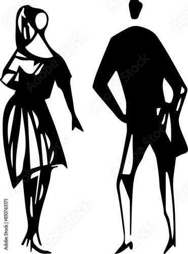 Two black silhouettes of man and woman, sketchy couple, stylized people