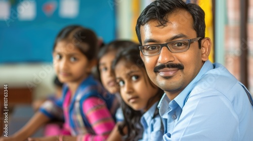 A Smiling Man in Front of a Group of Children Fictional Character Created By Generative AI. 