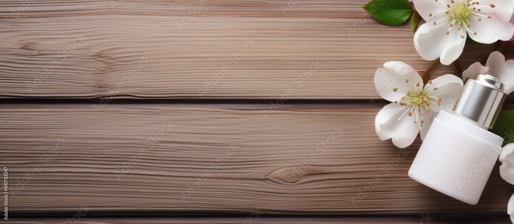 On a light wooden backdrop there is a copy space image featuring face cosmetics nail polish and white fresh flowers On a light wooden backdrop there is a copy space image featuring face cosmetics nail polish and white fresh flowers