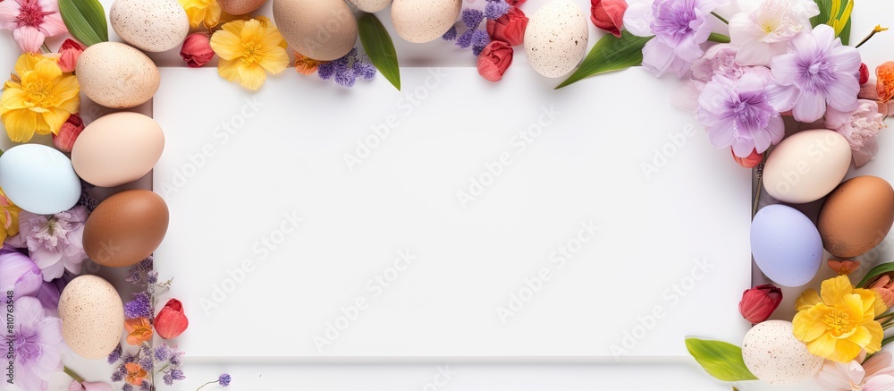 A high quality photo of an Easter composition with colorful eggs blooming flowers and a blank paper on a white background The image is captured from a top down perspective displaying a flat lay arran A high quality photo of an Easter composition with colorful eggs blooming flowers and a blank paper on a white background The image is captured from a top down perspective displaying a flat lay arran