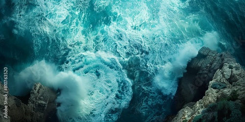 Dramatic Overhead Shot of Rugged Coastline. Natural Wallpaper  with Coastal Rocks and Crashing Waves.