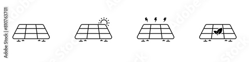 Solar battery icon set. Ecology supply battery for electricity. Solar panel sign. Eco friendly, sustainable, renewable and alternative energy. Vector illustration.