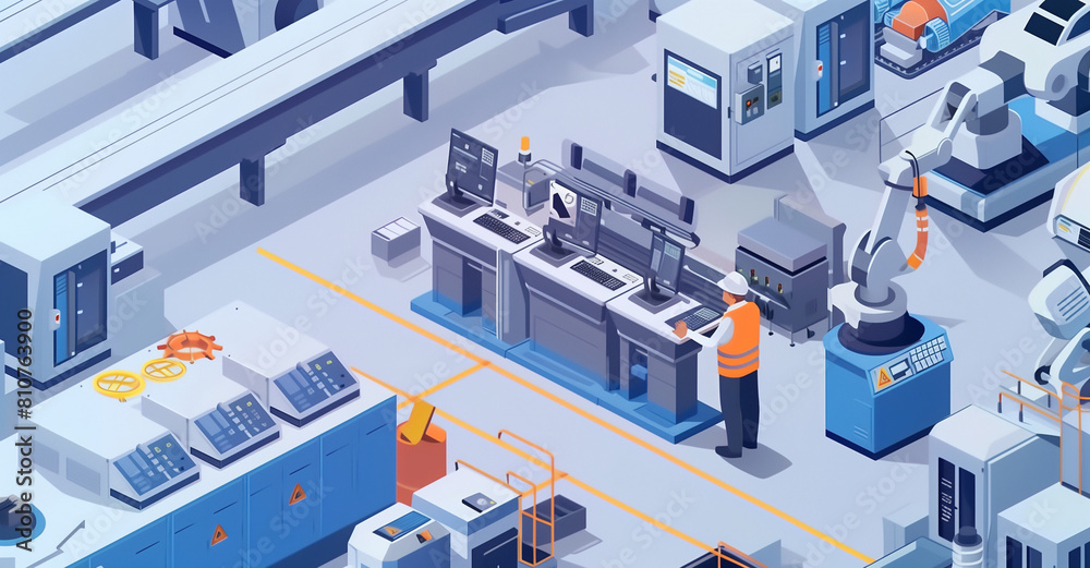 The elderly worker in the orange vest is standing on an industrial production line, holding a laptop and looking at it with joy while using a control panel to operate all of his machines. The elderly worker in the orange vest is standing on an industrial production line, holding a laptop and looking at it with joy while using a control panel to operate all of his machines.
