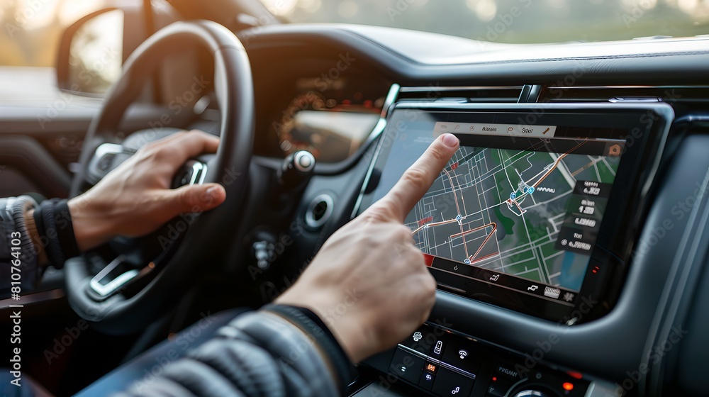 Driver interacting with modern car touchscreen. Navigation map on display. Innovative automobile technology in use. Safe driving and GPS concept. AI