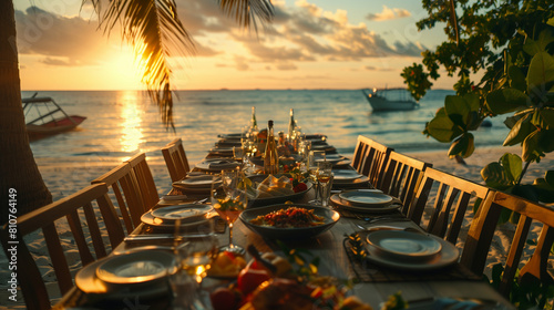 Table set on the beach for luxurious dinner at sunset, exotic food and fine dining