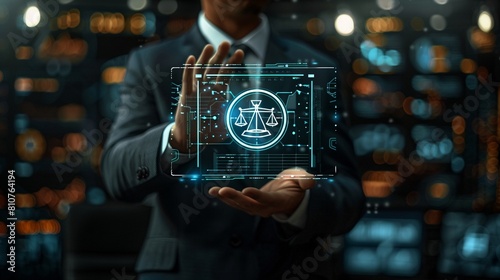 Labor law concept with a lawyer providing legal advice for business, depicted with a legal rights button on a virtual touchscreen interface