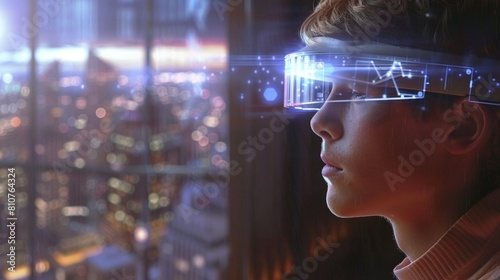 Young professional using a futuristic braincomputer interface to master new skills, illuminated with a soft glow