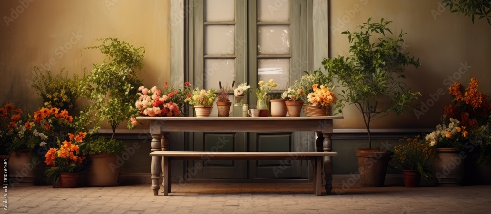 Copy space image of a vacant table inside a charming flower shop