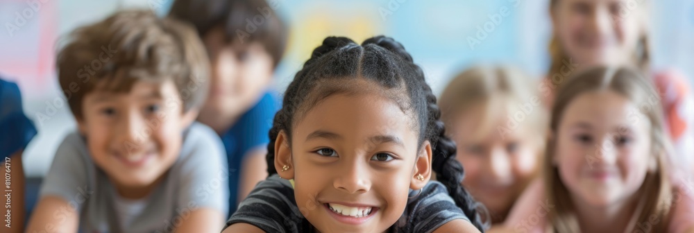 Smiling Children Enjoying School - A Positive and Bright Atmosphere Fictional Character Created By Generative AI. Smiling Children Enjoying School - A Positive and Bright Atmosphere Fictional Character Created By Generative AI.