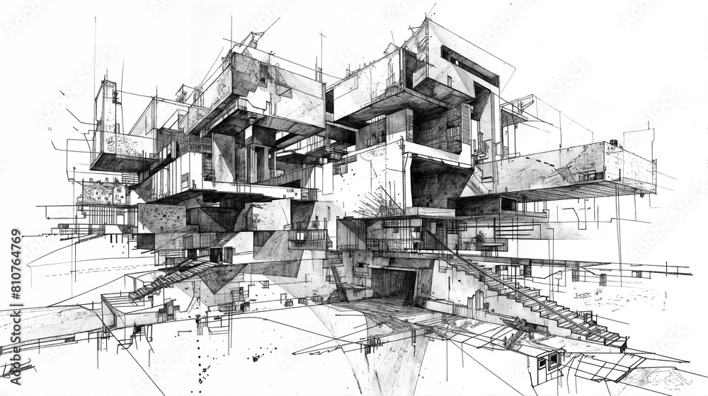 Complex architectural ink drawing of a modern building.