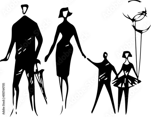 Family simple sketch in black color, couple with two children, people silhouettes